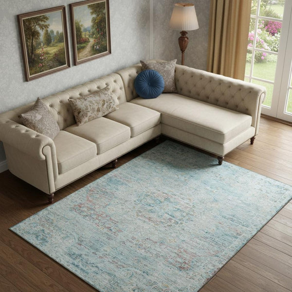 HomeRoots 9' X 12' Sky Blue Teal Blush Floral Medallion Rug - Washable, UV Protected, Stain Resistant Beauty 695581