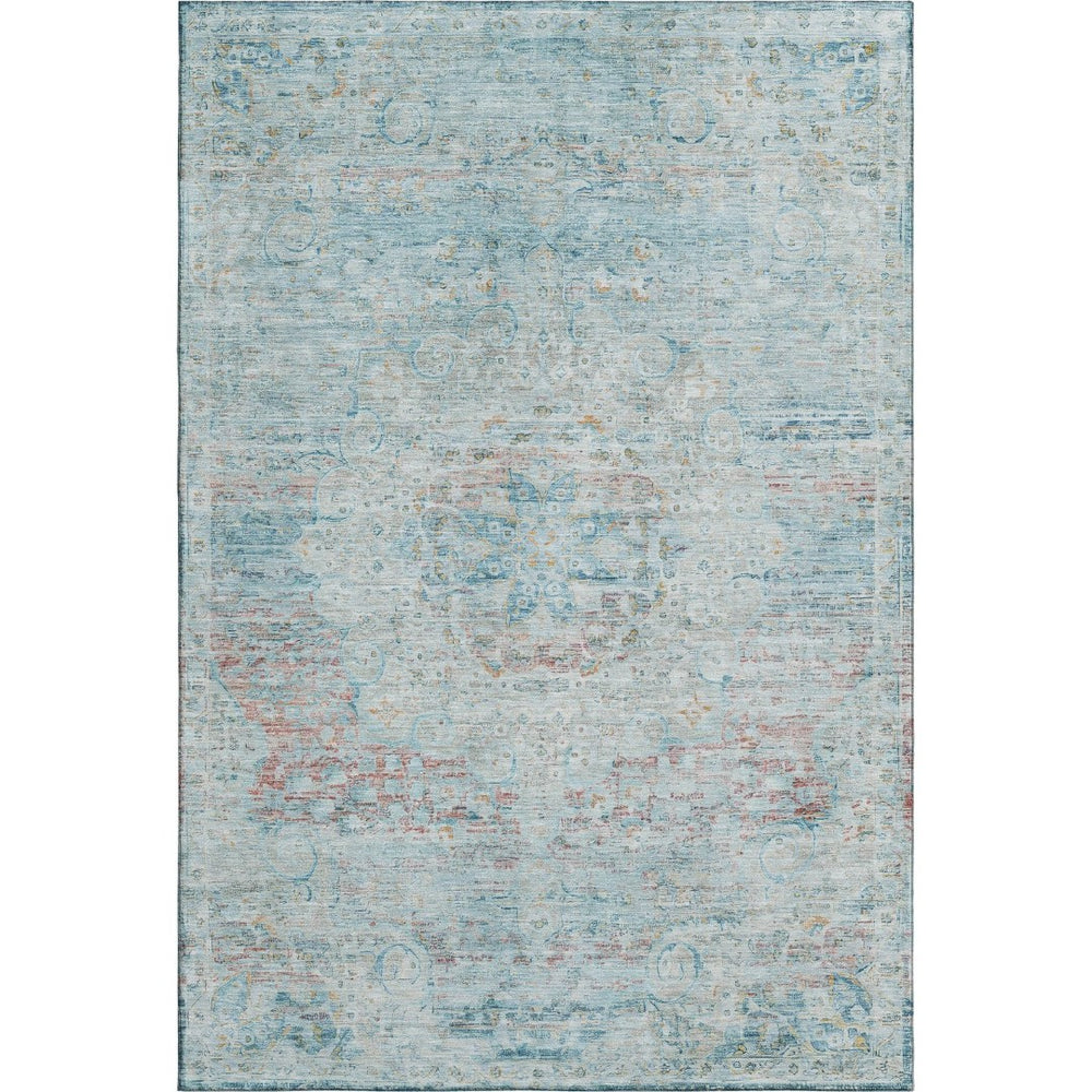 HomeRoots 9' X 12' Sky Blue Teal Blush Floral Medallion Rug - Washable, UV Protected, Stain Resistant Beauty 695581