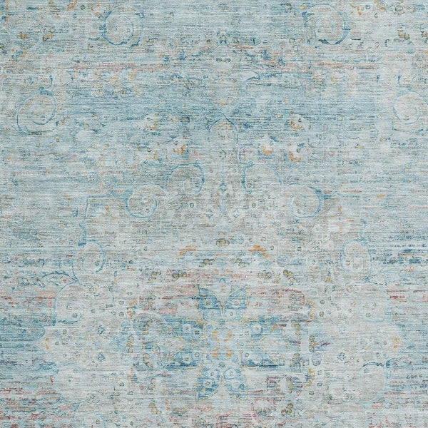 HomeRoots 9' X 12' Sky Blue Teal Blush Floral Medallion Rug - Washable, UV Protected, Stain Resistant Beauty 695581
