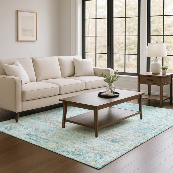 HomeRoots 10' x 14' Floral Medallion Area Rug in Sky Blue, Teal & Blush - Washable, UV Protected & Non-Slip! 695582