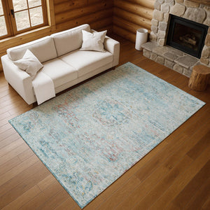 HomeRoots 10' x 14' Floral Medallion Area Rug in Sky Blue, Teal & Blush - Washable, UV Protected & Non-Slip! 695582