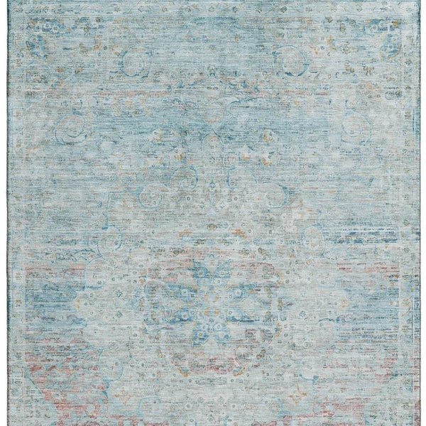 HomeRoots 10' x 14' Floral Medallion Area Rug in Sky Blue, Teal & Blush - Washable, UV Protected & Non-Slip! 695582