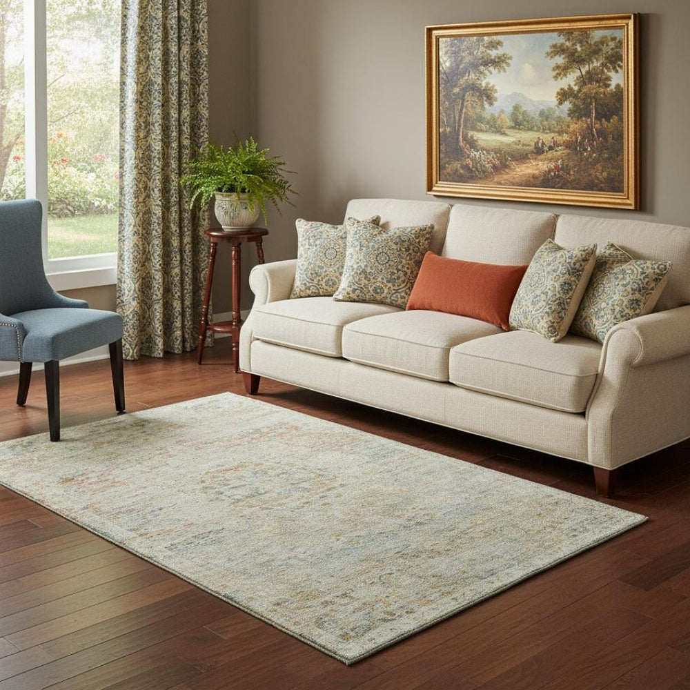 HomeRoots 5' X 8' Tan Beige Teal Floral Area Rug - Washable, UV Protected, Durable & Stylish for Every Room 695584