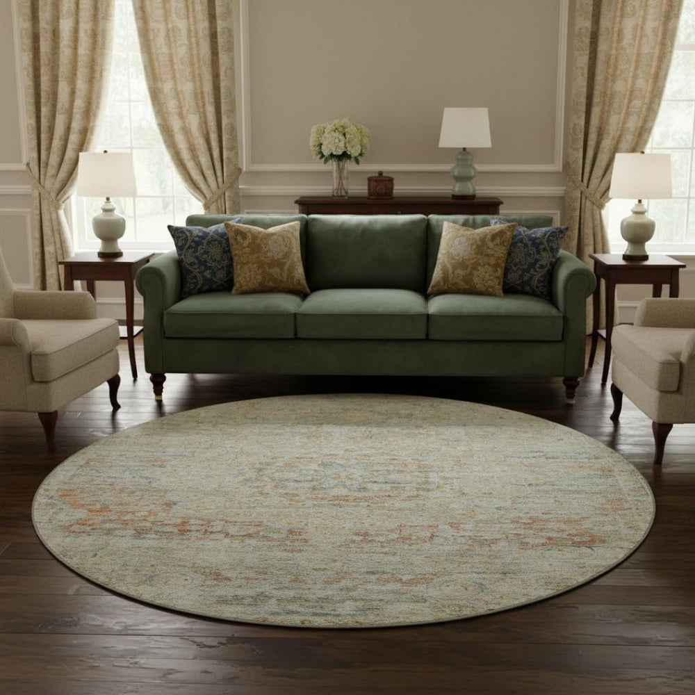 HomeRoots 8' Tan Beige & Teal Floral Medallion Round Rug – Washable, UV-Protected & Non-Slip for Homes! 695585