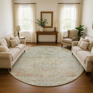 HomeRoots 8' Tan Beige & Teal Floral Medallion Round Rug – Washable, UV-Protected & Non-Slip for Homes! 695585