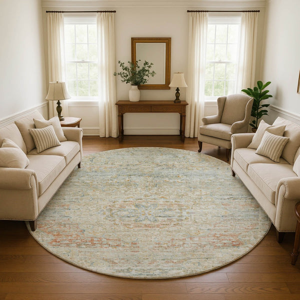 HomeRoots 8' Tan Beige & Teal Floral Medallion Round Rug – Washable, UV-Protected & Non-Slip for Homes! 695585