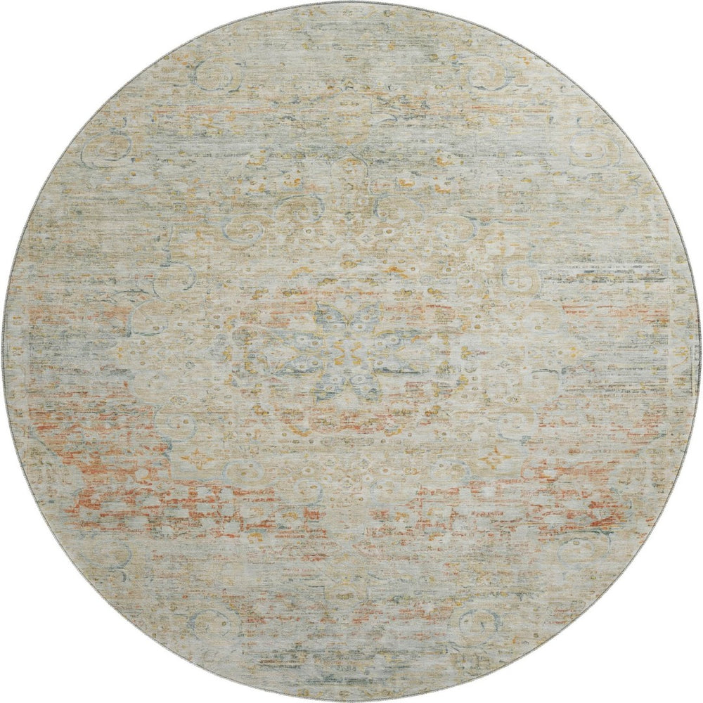 HomeRoots 8' Tan Beige & Teal Floral Medallion Round Rug – Washable, UV-Protected & Non-Slip for Homes! 695585