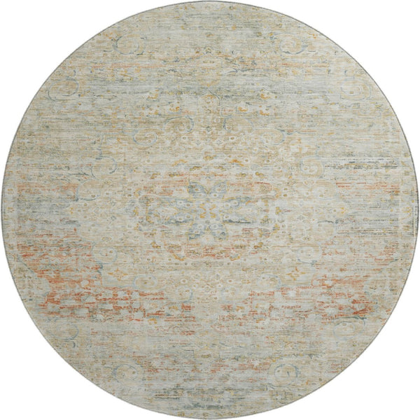 HomeRoots 8' Tan Beige & Teal Floral Medallion Round Rug – Washable, UV-Protected & Non-Slip for Homes! 695585