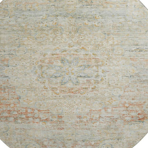 HomeRoots 8' Tan Beige & Teal Floral Medallion Round Rug – Washable, UV-Protected & Non-Slip for Homes! 695585