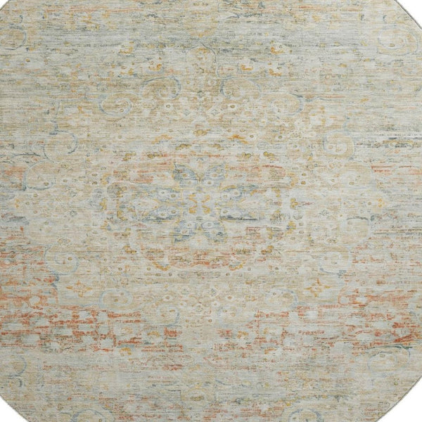 HomeRoots 8' Tan Beige & Teal Floral Medallion Round Rug – Washable, UV-Protected & Non-Slip for Homes! 695585
