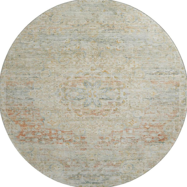 HomeRoots 8' Tan Beige & Teal Floral Medallion Round Rug – Washable, UV-Protected & Non-Slip for Homes! 695585