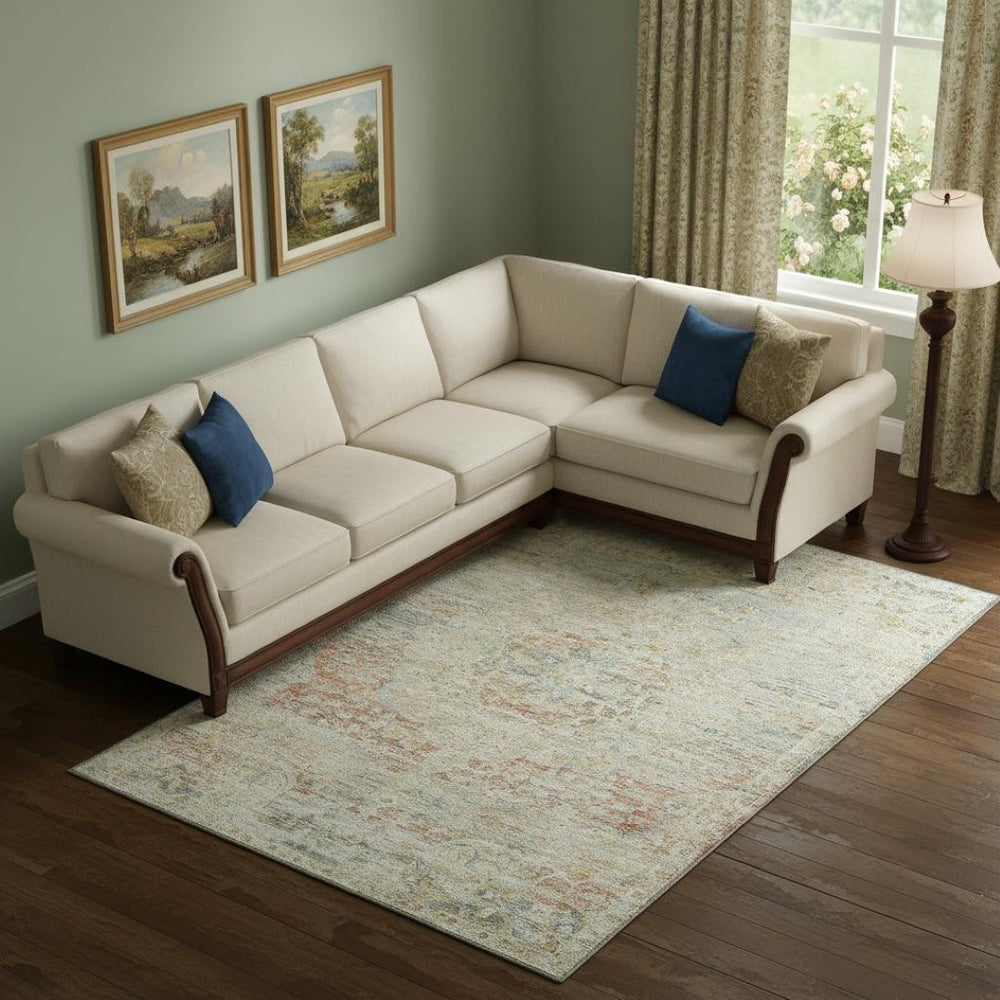 HomeRoots 9' X 12' Tan Beige & Teal Floral Medallion Rug - Durable, Stain-Resistant & UV Protected Design 695587