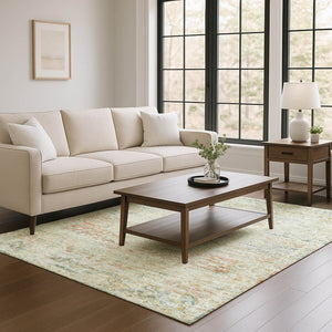HomeRoots 9' X 12' Tan Beige & Teal Floral Medallion Rug - Durable, Stain-Resistant & UV Protected Design 695587