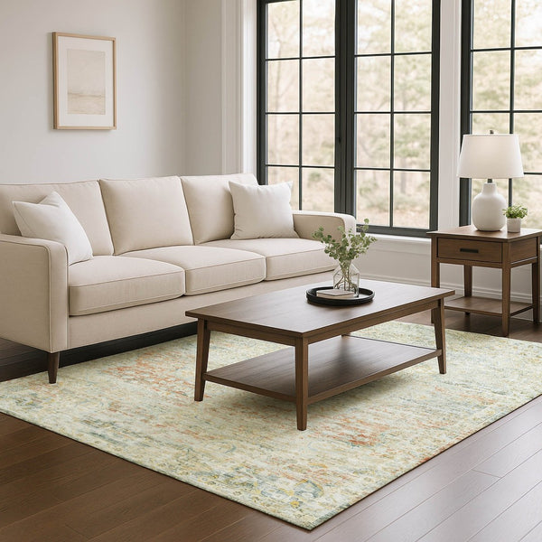HomeRoots 9' X 12' Tan Beige & Teal Floral Medallion Rug - Durable, Stain-Resistant & UV Protected Design 695587