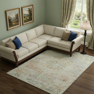 HomeRoots 10' X 14' Tan Beige & Teal Floral Medallion Area Rug – Washable, UV-Protected, Stain-Resistant Design 695588