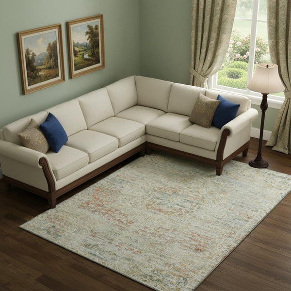 HomeRoots 10' X 14' Tan Beige & Teal Floral Medallion Area Rug – Washable, UV-Protected, Stain-Resistant Design 695588