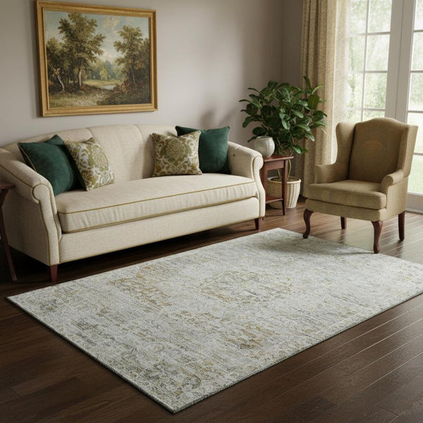 HomeRoots 5' X 8' Floral Medallion Area Rug in Taupe Beige and Gray - Washable, Stain-Resistant, UV Protected! 695590