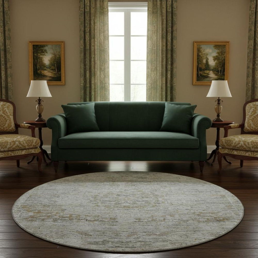 HomeRoots 8' Elegant Taupe Beige & Gray Floral Medallion Washable Round Rug with UV Protection & Durability 695591