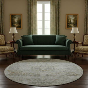 HomeRoots 8' Elegant Taupe Beige & Gray Floral Medallion Washable Round Rug with UV Protection & Durability 695591