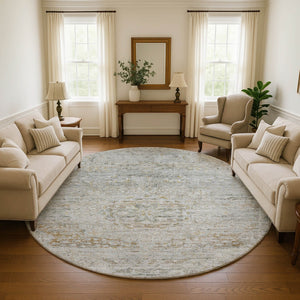 HomeRoots 8' Elegant Taupe Beige & Gray Floral Medallion Washable Round Rug with UV Protection & Durability 695591