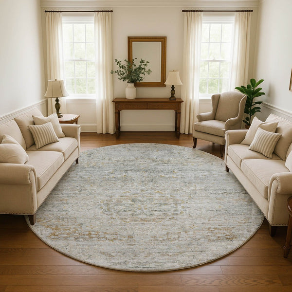 HomeRoots 8' Elegant Taupe Beige & Gray Floral Medallion Washable Round Rug with UV Protection & Durability 695591