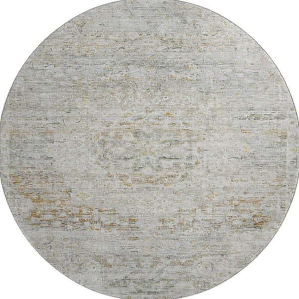 HomeRoots 8' Elegant Taupe Beige & Gray Floral Medallion Washable Round Rug with UV Protection & Durability 695591