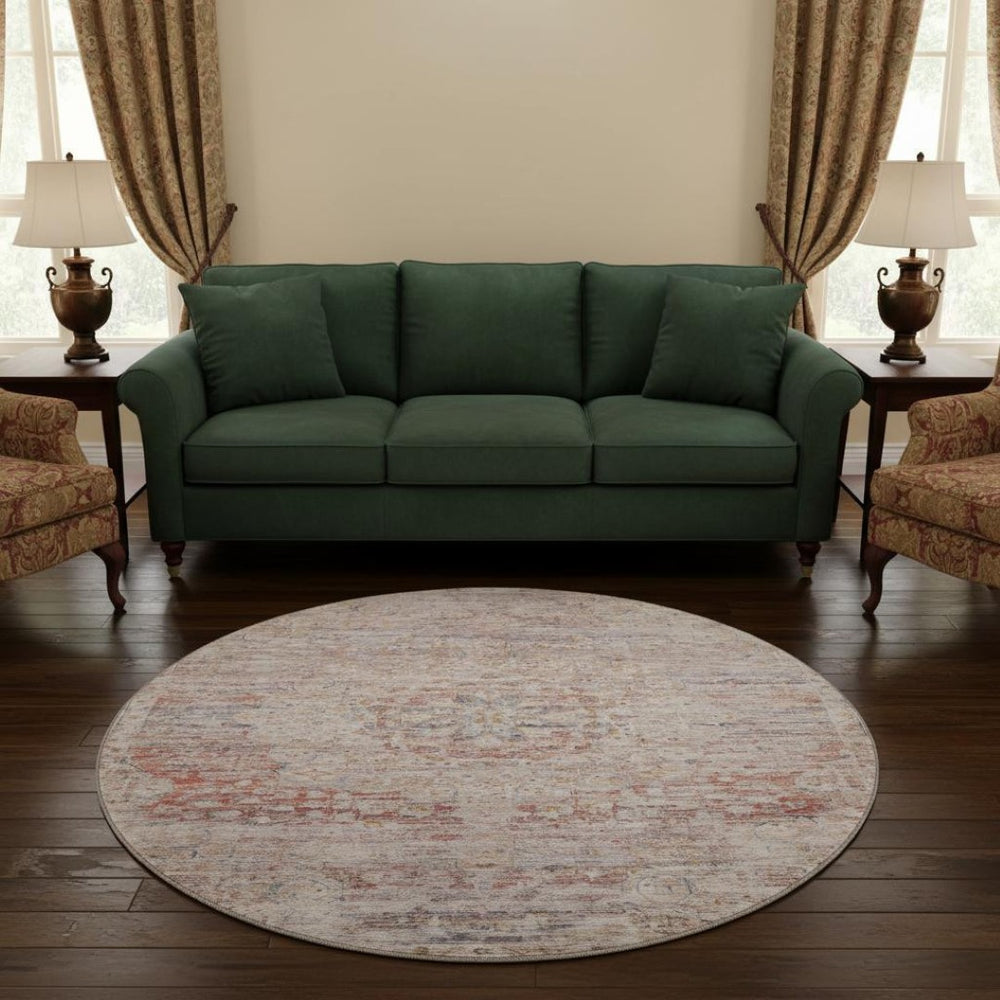 HomeRoots 8' Terra Cotta Floral Medallion Washable Round Rug – Durable, UV Resistant, Ideal for Busy Homes! 695597