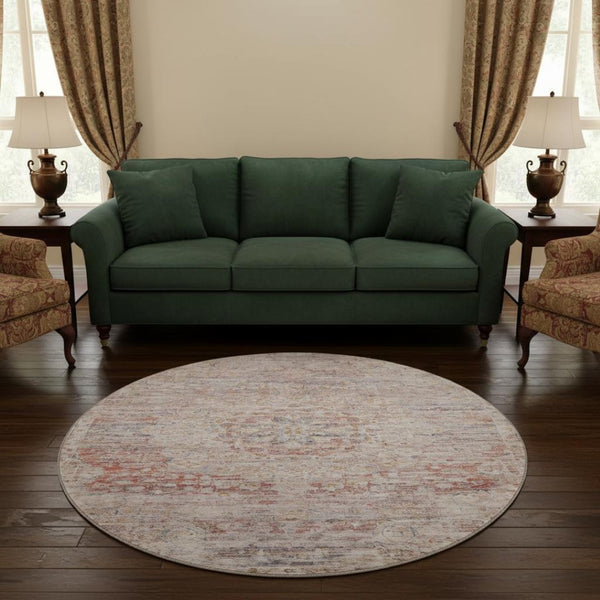 HomeRoots 8' Terra Cotta Floral Medallion Washable Round Rug – Durable, UV Resistant, Ideal for Busy Homes! 695597
