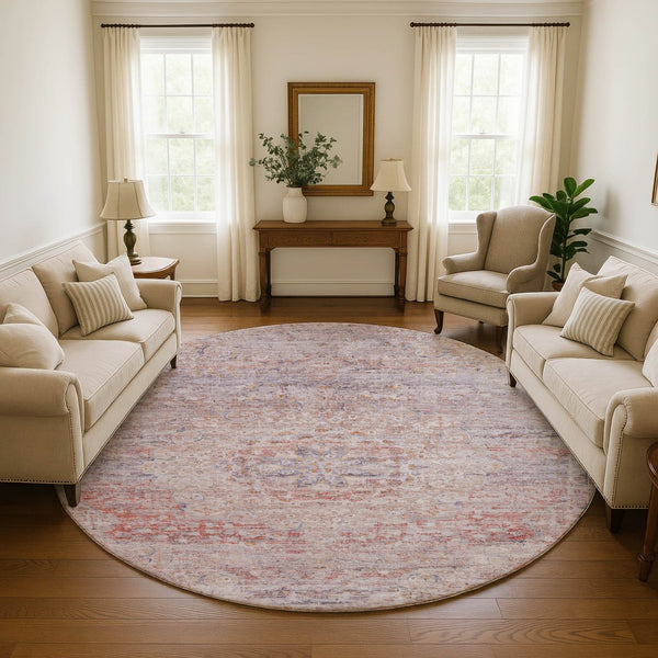 HomeRoots 8' Terra Cotta Floral Medallion Washable Round Rug – Durable, UV Resistant, Ideal for Busy Homes! 695597