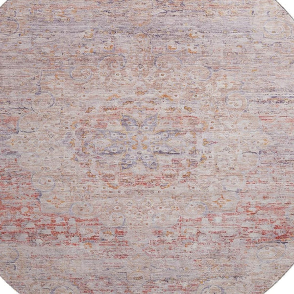 HomeRoots 8' Terra Cotta Floral Medallion Washable Round Rug – Durable, UV Resistant, Ideal for Busy Homes! 695597