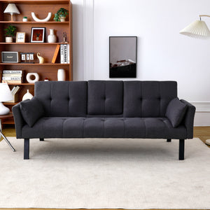 English Elm 70-inch Foldable Cotton Linen Sofa Bed with Cup Holder & Side Storage, Space-Saving 2-Seater Design DARK GREY W3371P337199