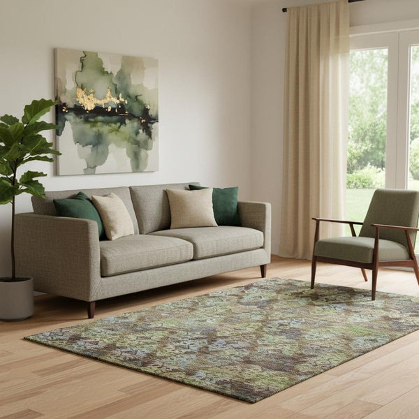HomeRoots 5' Stylish Ikat Area Rug in Brown, Green & Gray – Washable, UV Protected, Stain Resistant for Homes 695602