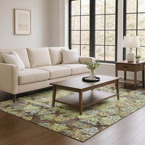 HomeRoots 5' Stylish Ikat Area Rug in Brown, Green & Gray – Washable, UV Protected, Stain Resistant for Homes 695602