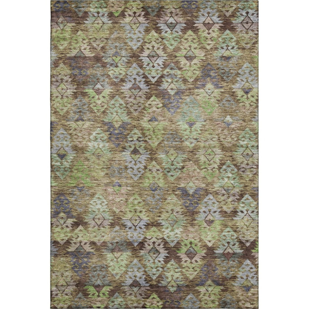 HomeRoots 5' Stylish Ikat Area Rug in Brown, Green & Gray – Washable, UV Protected, Stain Resistant for Homes 695602