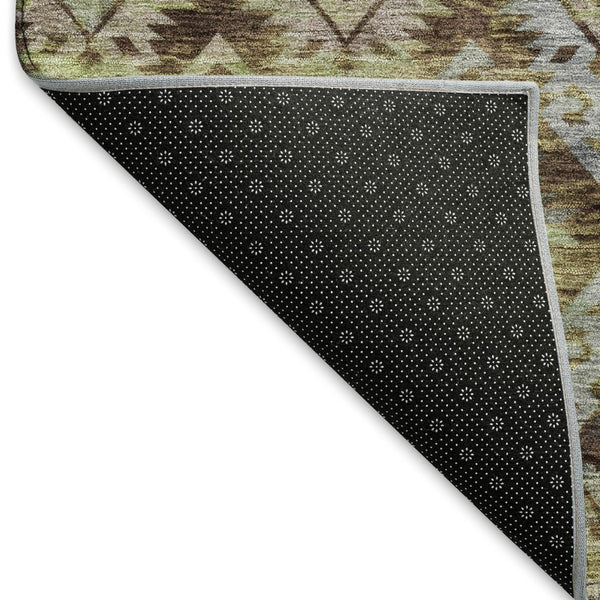 HomeRoots 5' Stylish Ikat Area Rug in Brown, Green & Gray – Washable, UV Protected, Stain Resistant for Homes 695602