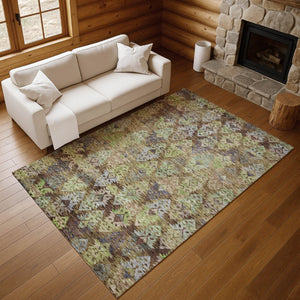 HomeRoots 5' Stylish Ikat Area Rug in Brown, Green & Gray – Washable, UV Protected, Stain Resistant for Homes 695602