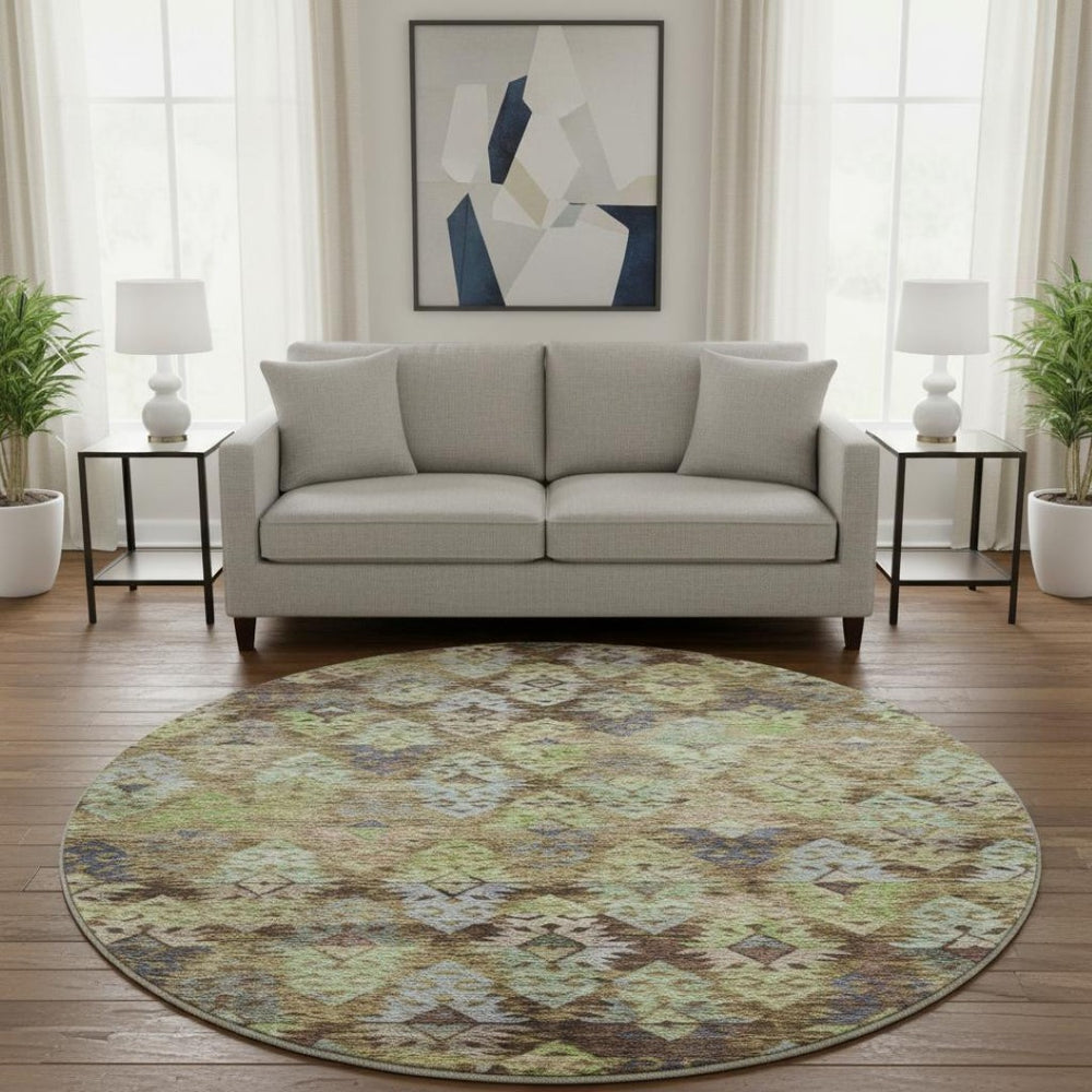HomeRoots 8' Washable Round Ikat Rug in Brown, Green & Gray – UV Protected, Stain-Resistant for Family Homes! 695603
