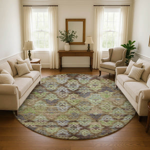 HomeRoots 8' Washable Round Ikat Rug in Brown, Green & Gray – UV Protected, Stain-Resistant for Family Homes! 695603