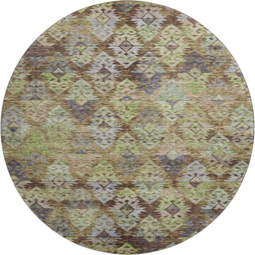 HomeRoots 8' Washable Round Ikat Rug in Brown, Green & Gray – UV Protected, Stain-Resistant for Family Homes! 695603