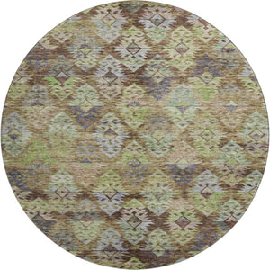HomeRoots 8' Washable Round Ikat Rug in Brown, Green & Gray – UV Protected, Stain-Resistant for Family Homes! 695603