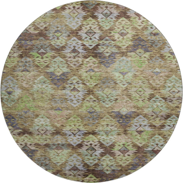 HomeRoots 8' Washable Round Ikat Rug in Brown, Green & Gray – UV Protected, Stain-Resistant for Family Homes! 695603