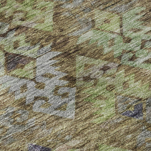 HomeRoots 8' Washable Round Ikat Rug in Brown, Green & Gray – UV Protected, Stain-Resistant for Family Homes! 695603