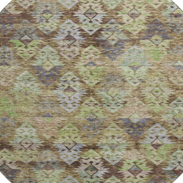 HomeRoots 8' Washable Round Ikat Rug in Brown, Green & Gray – UV Protected, Stain-Resistant for Family Homes! 695603