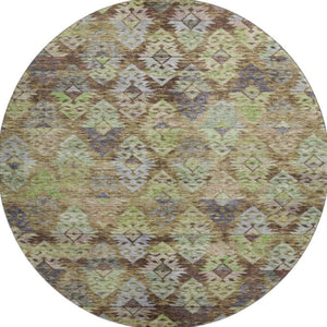 HomeRoots 8' Washable Round Ikat Rug in Brown, Green & Gray – UV Protected, Stain-Resistant for Family Homes! 695603