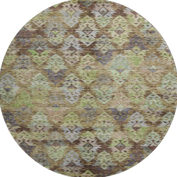 HomeRoots 8' Washable Round Ikat Rug in Brown, Green & Gray – UV Protected, Stain-Resistant for Family Homes! 695603