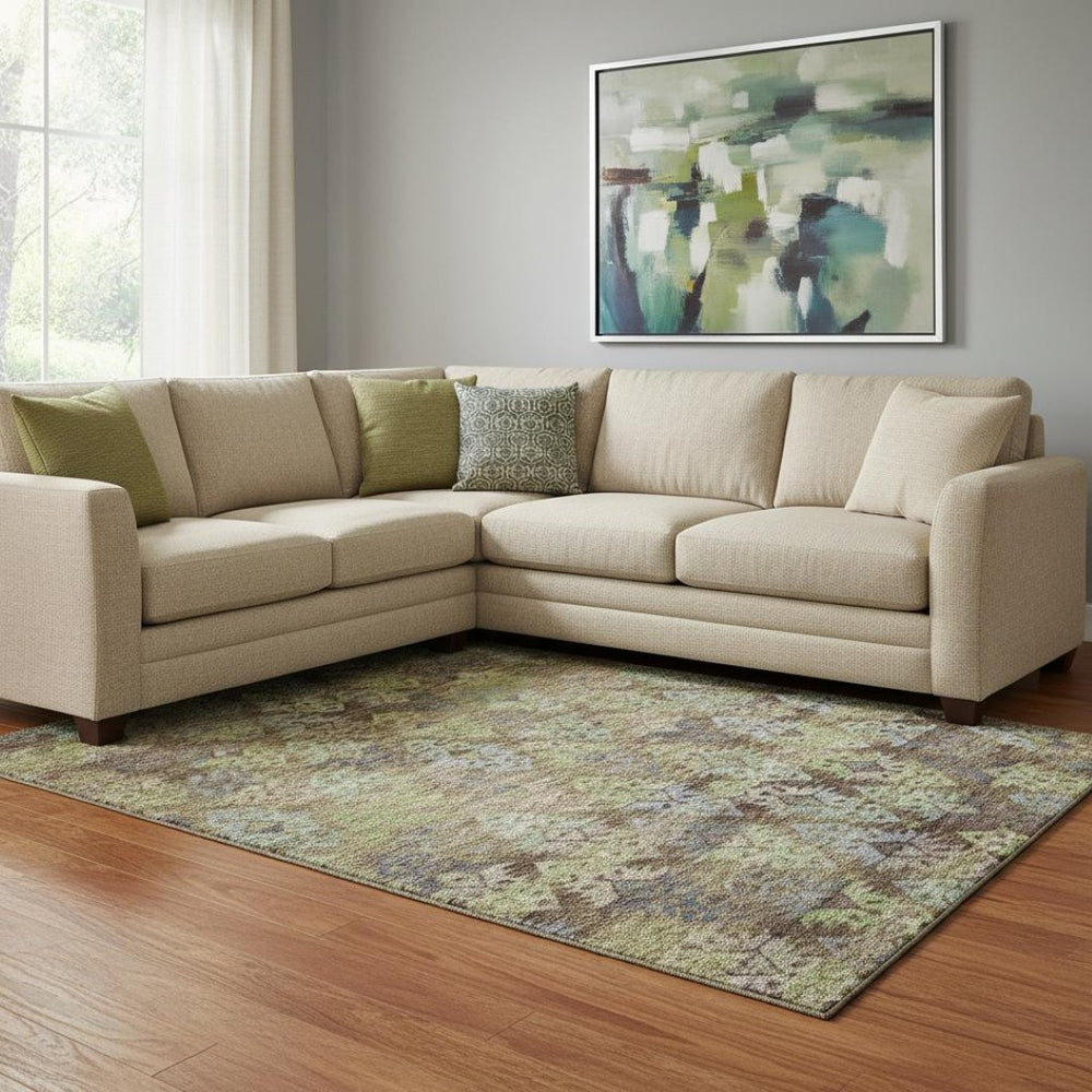 HomeRoots 8' X 10' Ikat Area Rug in Brown, Green, and Gray - Washable, UV-Protected, and Stain-Resistant Design 695604