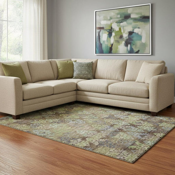 HomeRoots 8' X 10' Ikat Area Rug in Brown, Green, and Gray - Washable, UV-Protected, and Stain-Resistant Design 695604