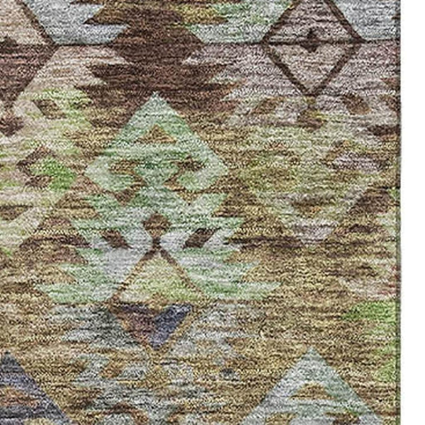 HomeRoots 8' X 10' Ikat Area Rug in Brown, Green, and Gray - Washable, UV-Protected, and Stain-Resistant Design 695604