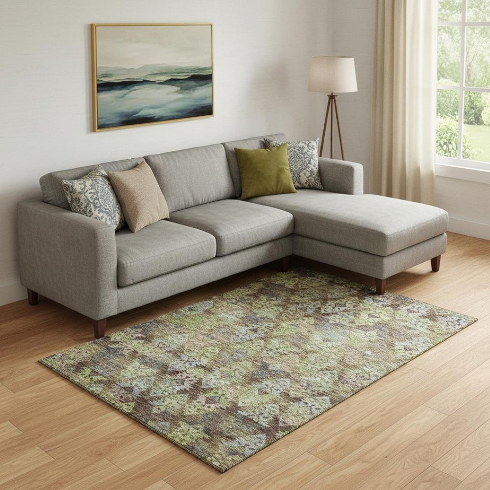 HomeRoots 9' X 12' Ikat Area Rug in Brown, Green & Gray – Washable, UV Protected, Perfect for Families & Pets 695605