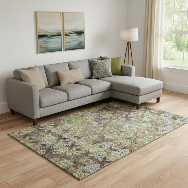 HomeRoots 10' X 14' Ikat Area Rug in Brown, Green & Gray - Washable, UV-Protected, Durable for High-Traffic Areas 695606